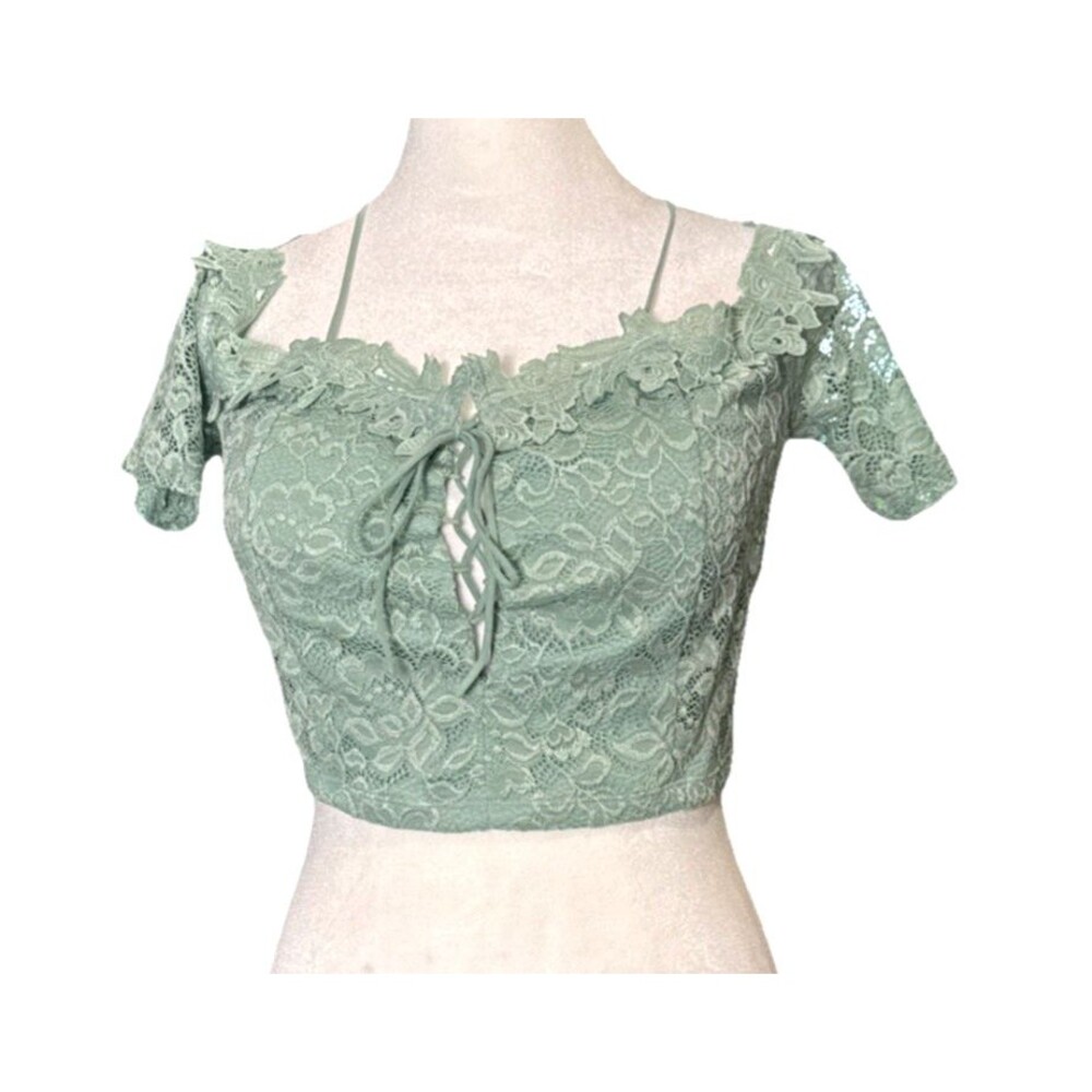 Love Tree Sage Green Floral Lace Crop Top MED Off Shoulder Sleeves Sexy Coquette